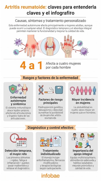Infografía con ilustraciones de manos, articulación, ADN, cigarrillo, balanza, iconos de personas, reloj, medicinas, médico, paciente, alimentos, ejercicio.