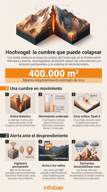 Ilustración de una montaña dividida por una grieta con recuadros explicativos e iconos sobre monitoreo en la parte inferior.