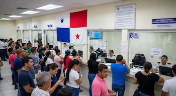Vista interior de una oficina pública con una larga fila de personas esperando ser atendidas en ventanillas por personal uniformado, con una bandera de Panamá colgando.