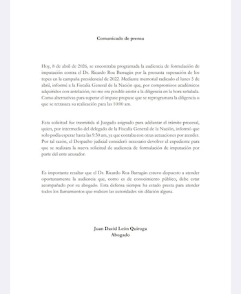 La defensa de Ricardo Roa solicitó reprogramar la audiencia por compromisos académicos previos del abogado Juan David León - crédito Juan David León