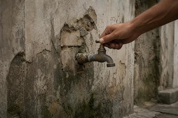 Una mano sujetando la llave de un grifo de metal instalado en una pared desgastada de la cual no cae agua.