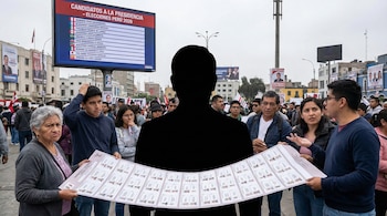 Silueta de candidato presidencial, rodeada de personas con expresiones de duda, sosteniendo una cédula electoral extensa bajo un cartel de "Candidatos a la Presidencia".