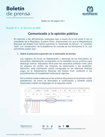 Registraduría respondió a denuncias del presidente Gustavo Petro sobre el formulario E-14 - crédito @Registraduria/X