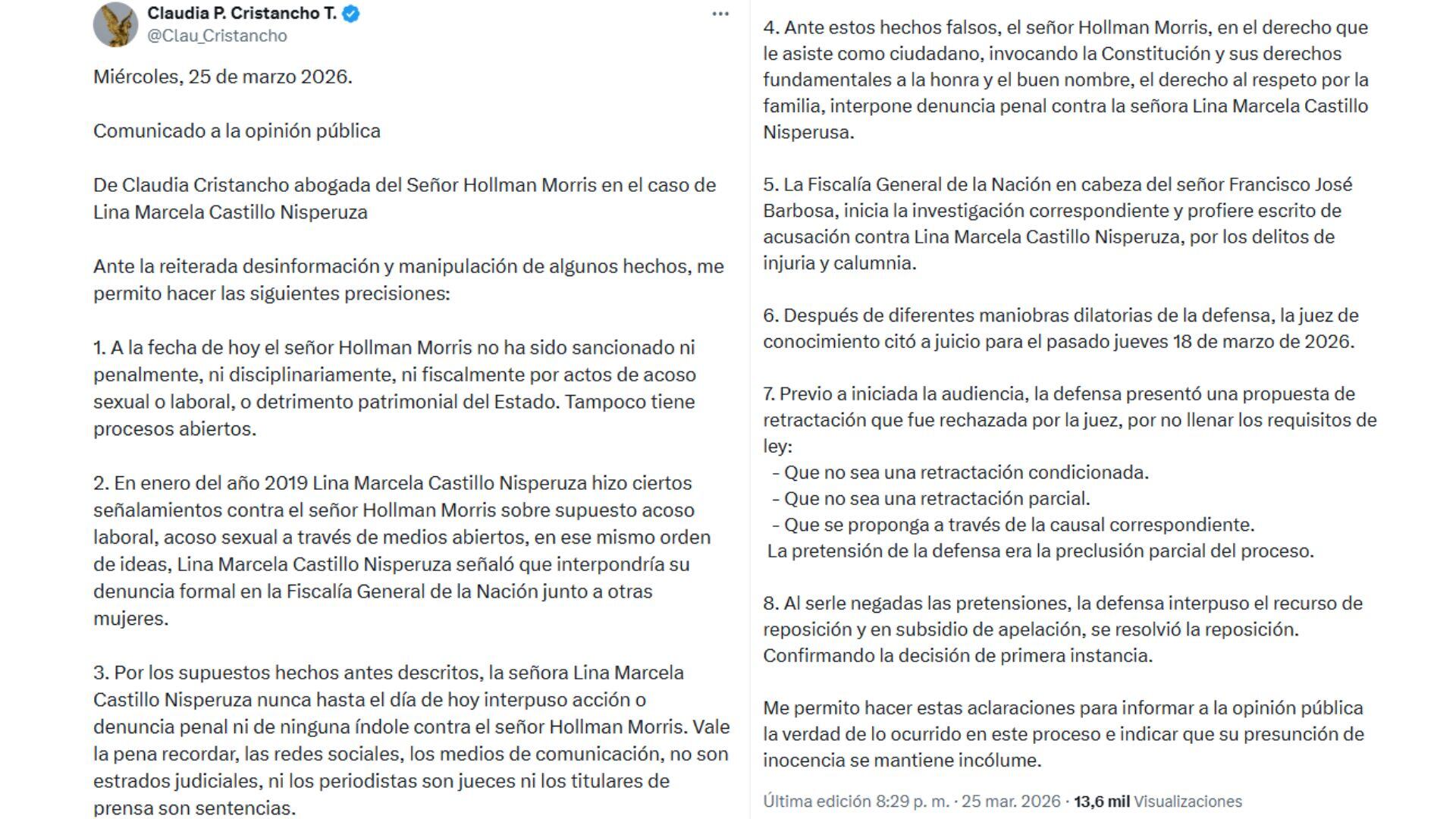 La defensa afirma que no hay procesos ni sanciones vigentes y detalla el avance del caso en la justicia. - crédito @Clau_Cristancho/X