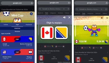 Tres capturas de pantalla de la "Mini Cup" de Google en un móvil. Se ve selección de equipos, un personaje animado con un balón de fútbol y marcadores del Mundial 2026