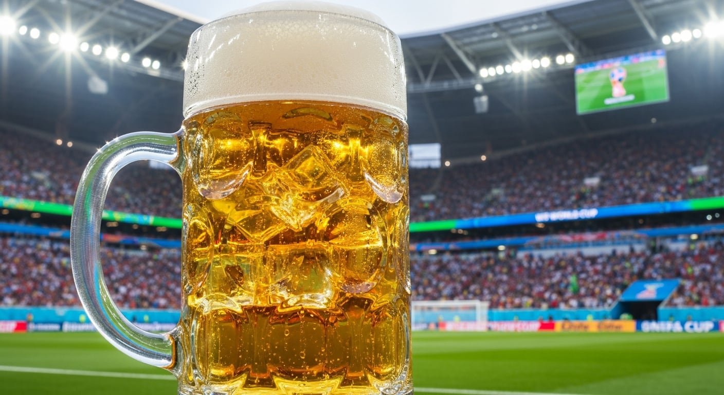 Una jarra de cerveza helada en primer plano captura la esencia de la afición mientras un estadio de fútbol lleno celebra un partido del Mundial. (Imagen Ilustrativa Infobae)