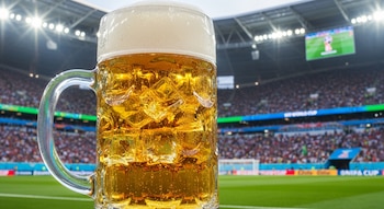 Una jarra de cerveza rubia con espuma y condensación está en primer plano, con un estadio de fútbol lleno de gente y una pantalla gigante de fondo.