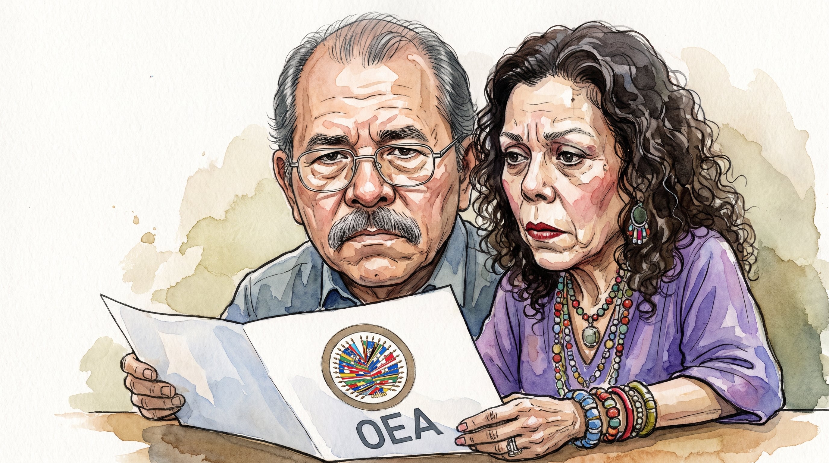 Daniel Ortega y Rosario Murillo examinan un informe de la Organización de los Estados Americanos en esta ilustración editorial. (Imagen Ilustrativa Infobae)
