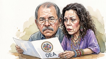 Ilustración en acuarela de un hombre maduro y una mujer con collares que leen un documento con el emblema de la Organización de Estados Americanos.