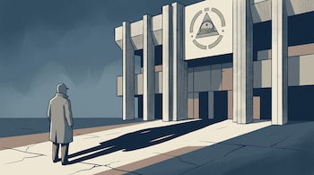 Caricatura de una figura humana de espaldas y un edificio institucional monumental con el escudo nacional de Nicaragua, proyectando una larga sombra.