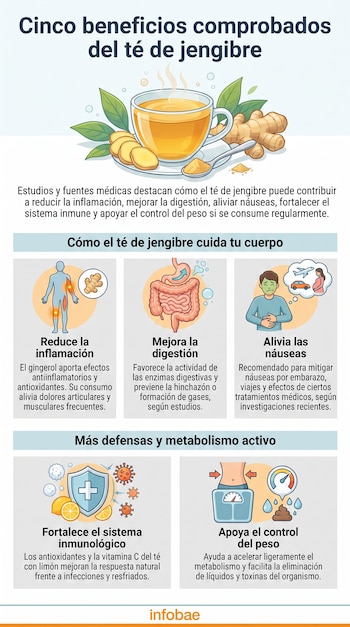 Infografía con una taza de té de jengibre, raíces de jengibre, rodajas y una cuchara. Cinco paneles ilustran beneficios para la salud.