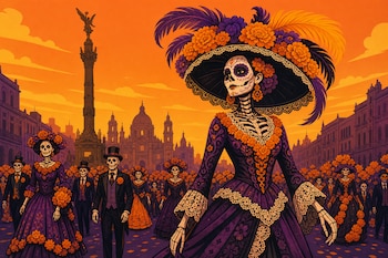 Ilustración de una calavera con vestido morado y sombrero de flores al frente de un grupo de esqueletos vestidos de gala.