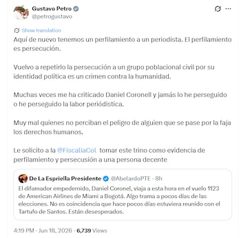 El presidente Gustavo Petro solicitó a la Fiscalía General de la Nación investigar lo que calificó como un caso de perfilamiento y persecución contra el periodista Daniel Coronell - crédito @petrogustavo/X