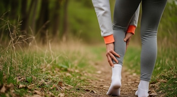 Una persona de espaldas, vistiendo ropa deportiva gris y blanca, se toca la parte baja de la pierna y el tobillo en un sendero boscoso con vegetación verde y hojas secas.