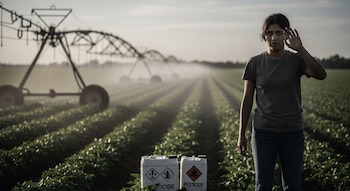 Persona joven con expresión preocupada en un campo agrícola. Al fondo, sistema de riego y neblina. En primer plano, dos envases de pesticidas.