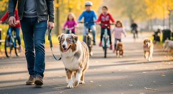 Primer plano de un perro pastor australiano con correa, caminando junto a una persona; de fondo, niños en bicicleta y otros perros en un parque.