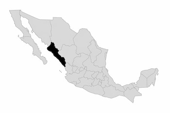 Mapa de los estados de México. El estado de Sinaloa aparece resaltado en color negro, mientras el resto de los estados se muestran en gris claro.
