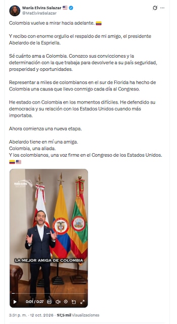 La congresista María Elvira Salazar agradeció las palabras del presidente Abelardo de la Espriella - crédito @MaElviraSalazar/X