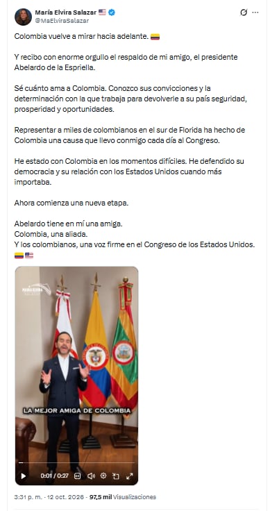 La congresista María Elvira Salazar agradeció las palabras del presidente Abelardo de la Espriella - crédito @MaElviraSalazar/X