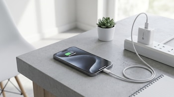 Primer plano de un celular gris cargándose al 55% sobre una mesa de hormigón. Un cargador blanco Ollaté en regleta y una planta suculenta lo acompañan.