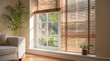 Ventana con persianas de madera y luz solar entrando a una sala con sofá claro, dos plantas en maceta y suelo de madera; vista a jardín con plantas y flores.