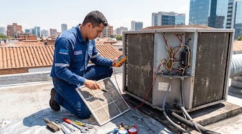 Un técnico de uniforme azul arrodillado sujeta un filtro sucio y un cepillo. A su lado, una unidad de aire acondicionado, un multímetro, herramientas y edificios urbanos.