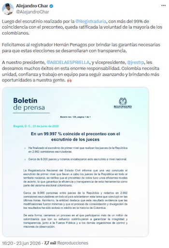 Paloma Valencia afirmó que el sistema electoral es robusto y pidió reconocer la victoria de Abelardo de la Espriella - crédito @AlejandroChar/X