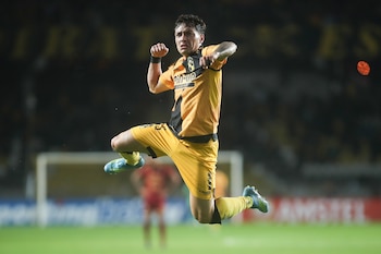 Cristián Zavala celebra uno de los goles de Coquimbo ante el Tolima en la Copa Libertadores, en el estadio Francisco Sánchez Rumoroso en Coquimbo (Chile). EFE/Hernán Contreras