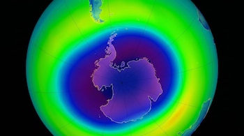 Visualización de la capa de ozono sobre la Antártida, donde el azul y morado indican baja concentración, y el verde y amarillo, alta.