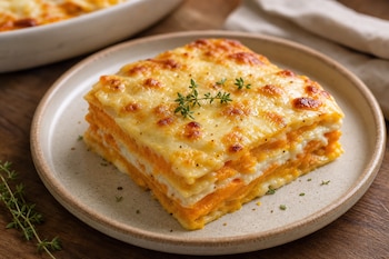 Porción cuadrada de lasaña de boniato con queso gratinado y una ramita de tomillo sobre un plato de cerámica.