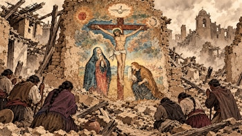 Pared de adobe con una pintura de la crucifixión intacta entre escombros de edificios caídos y personas arrodilladas en actitud de rezo