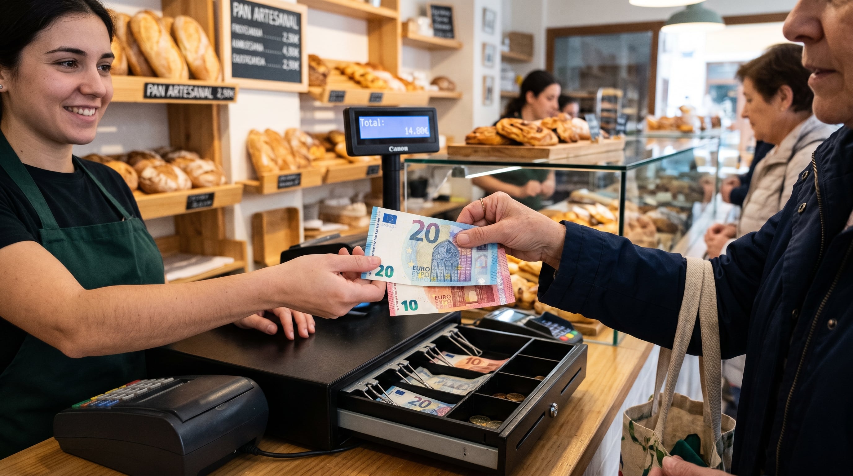 Una clienta entrega billetes de diez y veinte euros a una dependienta frente a la caja registradora de una panadería. (Imagen Ilustrativa Infobae)