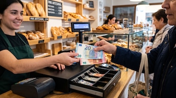 Una persona entrega billetes de euro a una empleada frente a una caja registradora abierta en una panadería con estantes de pan.