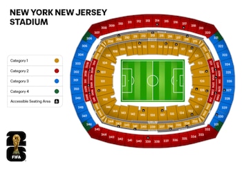 Diagrama de un mapa de asientos del MetLife Stadium, mostrando un campo de fútbol verde y diferentes secciones de asientos codificadas por color con una leyenda a la izquierda