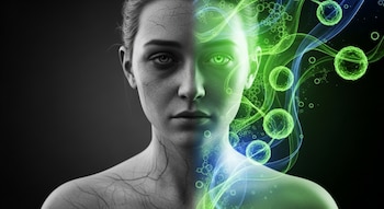 Primer plano de una mujer con el rostro y cuerpo divididos: lado izquierdo grisáceo y cansado; lado derecho luminoso, verde y azul con formas celulares abstractas.