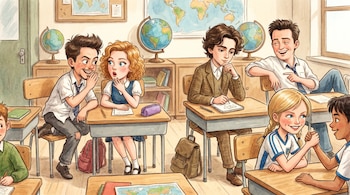 Ilustración de un aula escolar con pupitres, globos terráqueos y mapas. Varios estudiantes jóvenes interactúan, conversan, susurran, dibujan y hacen pulso.
