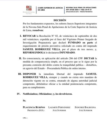 Corte Superior de Justicia de Lima dispuso inmediata libertad de Samuel Rodríguez.