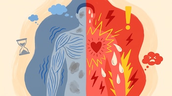 Cuerpo humano dividido: mitad izquierda con músculos tensos y manchas; mitad derecha con corazón, rayos y gotas de sudor. Reloj de arena, nube y signo de exclamación.