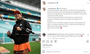 La tenista colombiana canceló su participación en el Abierto de Osaka para priorizar su recuperación física de cara a 2027 - crédito @_camilaosorio_/Instagram