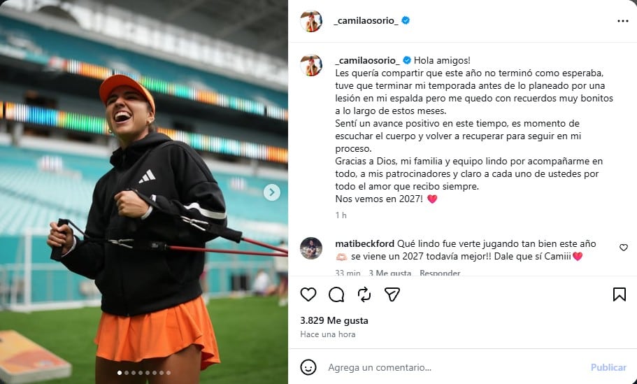 La tenista colombiana canceló su participación en el Abierto de Osaka para priorizar su recuperación física de cara a 2027 - crédito @_camilaosorio_/Instagram