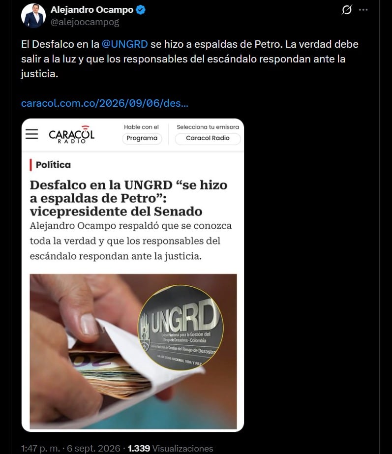 El vicepresidente del Senado pidió que la investigación por corrupción en la Ungrd determine el destino de los recursos y a todos los responsables - crédito @alejoocampog / X