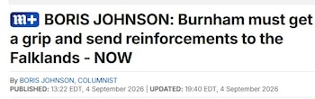 Texto en inglés con el titular de un artículo firmado por el columnista Boris Johnson sobre el envío de refuerzos a las islas Malvinas