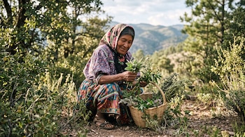 Una mujer con pañuelo y vestido multicolor sostiene hierbas junto a una cesta de mimbre llena de vegetación en un monte.