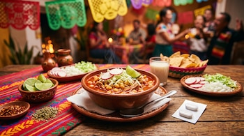 Un cuenco de barro con pozole, platos con rábanos, cebolla, limones y un blíster con dos pastillas blancas sobre una mesa de madera.