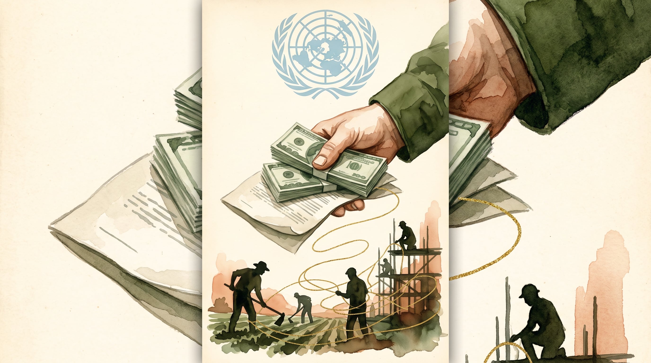 Una mano con uniforme militar sostiene dinero sobre documentos mientras un hilo enlaza a varios trabajadores bajo el emblema de la Organización de las Naciones Unidas. (Imagen Ilustrativa Infobae)