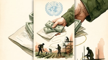 Mano con manga verde que sostiene billetes y documentos sobre siluetas de trabajadores y el emblema de la Organización de las Naciones Unidas.
