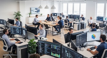Una oficina moderna llena de luz natural donde varias personas trabajan en computadoras con múltiples monitores, escritorios, sillas, mesas y plantas.