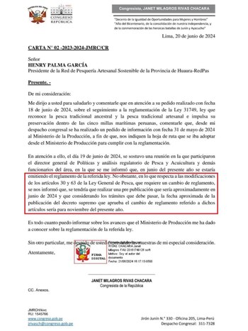 Carta enviada al dirigente pescador