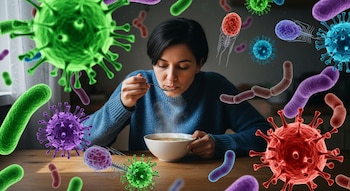 Mujer de pelo oscuro comiendo de un cuenco con cuchara en una mesa de madera. Ilustraciones 3D de virus y bacterias de diversos colores flotan a su alrededor.