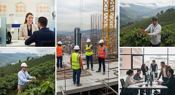 Collage mostrando trabajadores en una oficina de banco, construcción, fincas cafeteras y una oficina moderna.